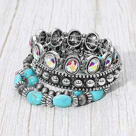 4PCS - Boho Round Iridescent Stone Natural Stone Accent Beaded Stretch Multi Layered Bracelets