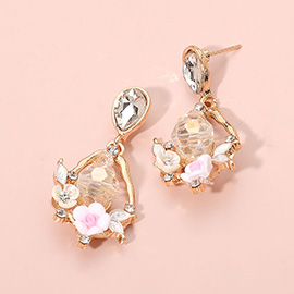 Floral Faceted Gem Embellished Teardrop Dangle Earrings