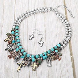 Boho Multi Cross Charm Beaded Layered Statement Necklace