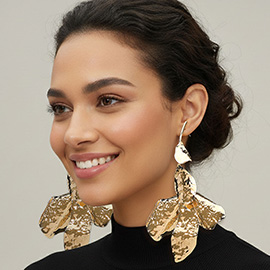 Oversized Textured Metal Sculpted Leaf Drop Statement Earrings