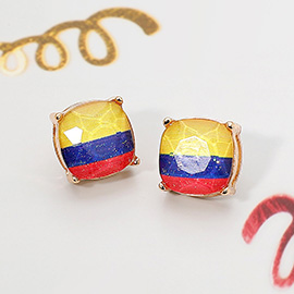 Colombia Flag Printed Faceted Cushion Stud Earrings