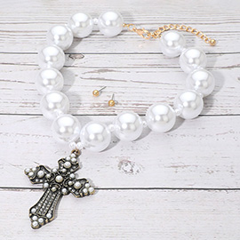 Bold Pearl Embellished Cross Pendant Chunky Pearl Statement Necklace