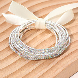 12PCS - Ribbon Slim Rhinestone Stretch Multi Layered Bracelet