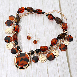 Bold Patterned Resin Oval Pendant Accent Layered Charm Station Pebble Beaded Statement Necklace