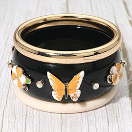 3PCS - Enamel Butterfly Flower Accent Resin Metal Multi Layered Bangle Bracelets