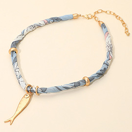 Fish Pendant Accent Fabric Scarf Necklace