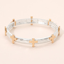 Hammered Brushed Metal Cross Accent Stretch Bracelet