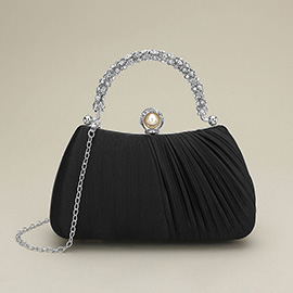 Rhinestone Embellished Handle Pearl Clasp Elegant Evening Clutch Crossbody Bag