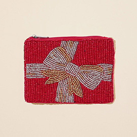 Holiday Gift Bow Seed Beaded Mini Pouch Bag
