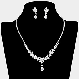 Teardrop CZ Stone Cluster Drop Floral Rhinestone Paved Necklace