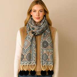 Elegant Patterned Pom Tassel Accent Winter Scarf