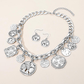 Chunky Flower Engraved Medallion Charm Station Statement Necklace