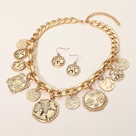 Chunky Flower Engraved Medallion Charm Station Statement Necklace