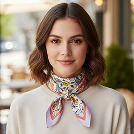 Flower Drawing Printed Square Silky Satin Bandana Scarf