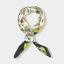Elegant Floral Branch Butterfly Pattern Printed Square Silky Satin Bandana Scarf