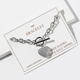 White Gold Dipped CZ Stone Paved Heart Toggle Charm Chain Bracelet