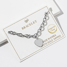 White Gold Dipped Heart Charm Link Chain Magnetic Bracelet