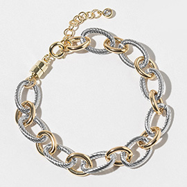 Gold Dipped Two Tone Textured Oval Link Chain Bracelet