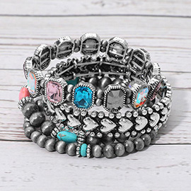 4PCS - Vintage Gem Beaded Stretch Multi Layered Bracelets