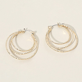 Gold Dipped Textured Triple Pin Catch Hoop Earrings