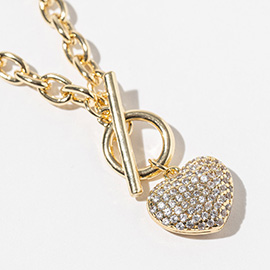 Gold Dipped Chunky Chain CZ Stone Paved Puff Heart Toggle Pendant Necklace