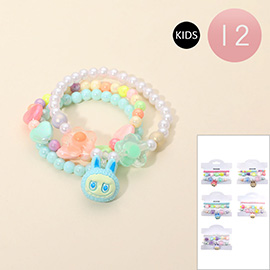 12 SET OF 3 - Kids Monster Bunny Heart Flower Pearl Beaded Stretch Multi Layered Bracelets