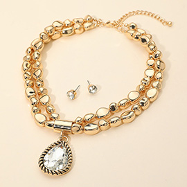 Bold Teardrop Pendant Metal Pebble Beaded Double Layered Statement Necklace