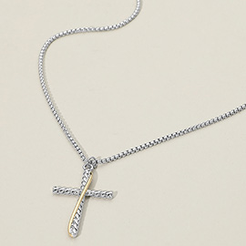 14K Gold Plated Two Tone Textured Cross Pendant Necklace