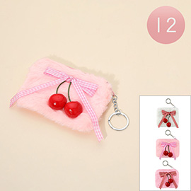 12PCS - Cherry Bow Accent Fuzzy Fur Keychain Mini Pouch Coin Purse