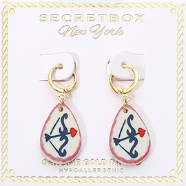 SECRET BOX_Genuine Gold Dipped Cupid Archer Ceramic Teardrop Dangle Huggie Earrings