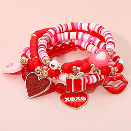 5PCS - Valentine Heart Message Charm Heishi Faceted Beaded Stretch Multi Layered Bracelets