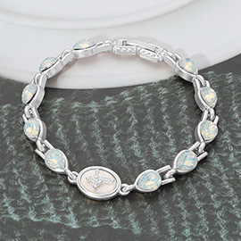 Cross Embossed Oval Charm Stone Bezel Link Bracelet
