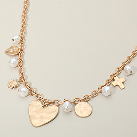 Brushed Metal Heart Cross Pearl Charm Station Chunky Necklace