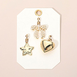 3PCS - Pearl Beaded Bow Puffy Metal Heart Hammered Metal Star Pendant Charm Set