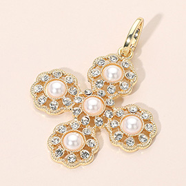 Pearl Accent Rhinestone Rim Round Cross Pendant Bag Charm