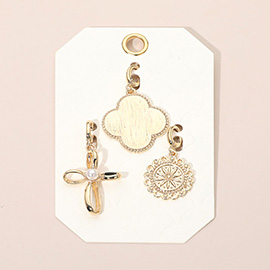 3PCS - Metal Quatrefoil Pearl Accent Cross Motif Textured Round Emblem Pendant Charm Set