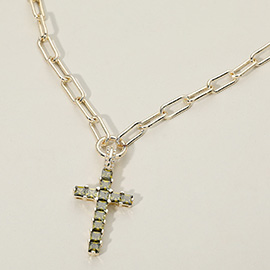 14K Gold Plated CZ Stone Cross Pendant Paperclip Chain Necklace