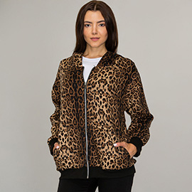 Rhinestone Studded Leopard Pattern Hooded Jacket