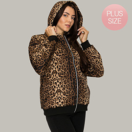 Plus Size Rhinestone Studded Leopard Pattern Hooded Jacket