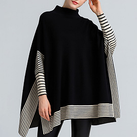 Striped Hem Mock Neck Asymmetrical Poncho