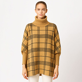Checkered Turtleneck Knit Poncho