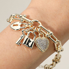 14K Gold Plated CZ Stone Paved Heart Key Lock Charm Industrial Link Chain Bracelet