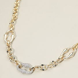14K Gold Plated CZ Stone Paved Link Accent Sculpted Link Chain Necklace