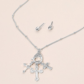 Stone Paved Interchangeable Triple Cross Charm Pendant Necklace