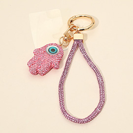 Bling Studded Evil Eye Hamsa Hand Charm Keychain Bag Charm Phone Holder