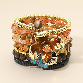 Floral Charm Accent Stacked Adjustable Beaded Coil Bracelet