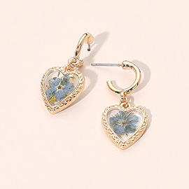 Flower Encased Heart Drop Dangle Earrings