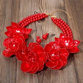 Bold Pearly Petal Floral Link Triple Pearl Strand Statement Necklace