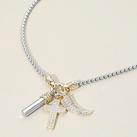 14K Gold Plated Two Tone CZ Stone Paved Cross Horn Bar Pendant Necklace