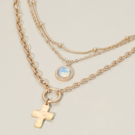 Cross Charm Round Opal Pendant Accent Layered Necklace